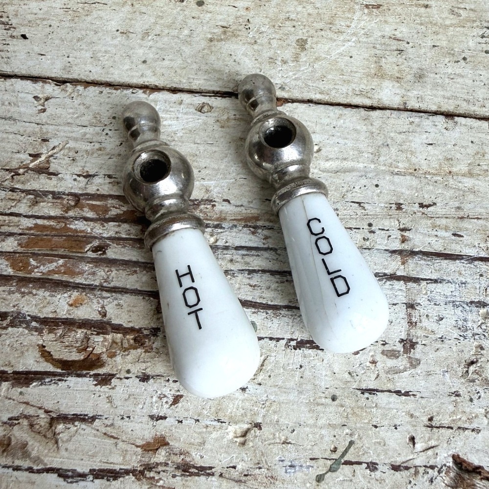 Vintage Porcelain Hot Cold Faucet Lever Handles Pair Antique Bathroom Hardware